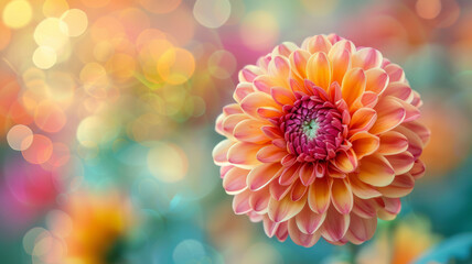 Close-up of a vibrant dahlia flower with bokeh background.