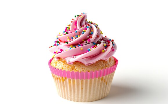 Delicious pink frosted cupcake with colorful sprinkles on white background. Perfect for bakery promotion, dessert menus, and food blogs. Ideal for celebrating special events and sweet moments. AI