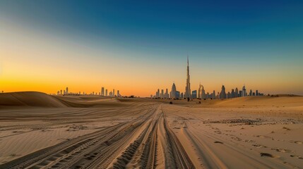 A desert road with a city in the background. The road is empty and the sky is blue