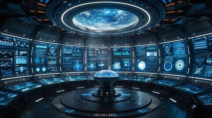 A futuristic control room with multiple screens displaying data, a large circular light in the ceiling, and a central console