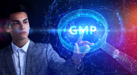 Good manufacturing practice certification quality control on virtual screen. GMP.