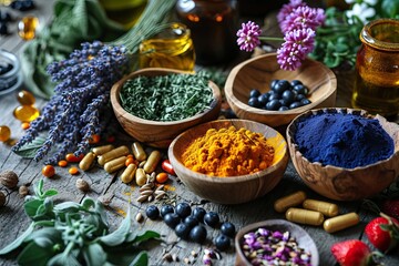 Holistic medicine concept, healthy food eating, dietary supplements, healing herbs and flowers. Turmeric, dried lavender, spirulina powder in wooden bowls, fresh berries, omega acid capsules