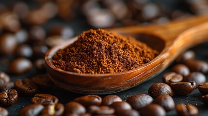 Ground Coffee in Wooden Spoon. Wooden spoon filled with ground coffee, surrounded by whole coffee beans, emphasizing the preparation process.