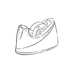 A line drawn tape dispenser in black and white with a tape inside. Hand drawn and digitally vectorised as a sketchy style illustration.