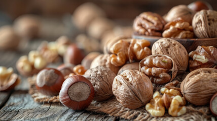 Close-up of a pile of assorted nuts on a wooden table.