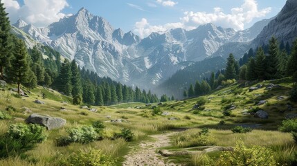 Obraz premium Photo of a realistic alpine valley. Photo style. In the foreground is a valley with a path. Then there was the forest and in the mountains behind, a sunny scene, shadows on the side.