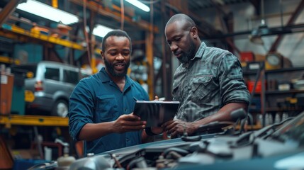 Automotive Repair Service Advisor Discussing Car Maintenance and Service Options with Customer in Auto Repair Workshop  Two Men Collaborating on Vehicle Repair and Maintenance