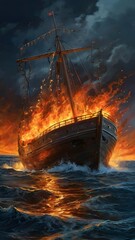 Obraz premium ship in the sea at sunset, ai generated