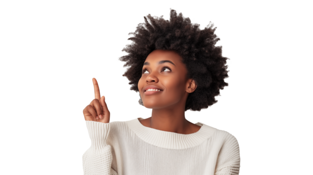 Stylish Woman with Afro Hair Pointing Upwards