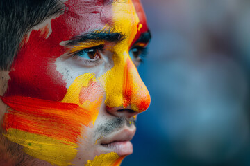 European football championship UEFA Euro 2024. a atractive man fan of the Spain soccer team with his face painted with the colors of the spanish flag