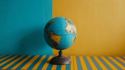 Blue globe without applied continents placed on striped table near bright yellow wall