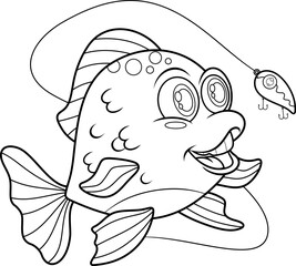 Outlined Cute Fish Cartoon Character Catching The Fishing Lure. Vector Hand Drawn Illustration Isolated On Transparent Background