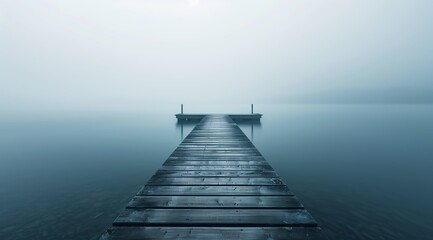 Obraz premium Dark Weathered Wooden Dock Extending into Deep Blue Misty Lake with Faded Shoreline and Tranquil Reflections in Serene Foggy Atmosphere