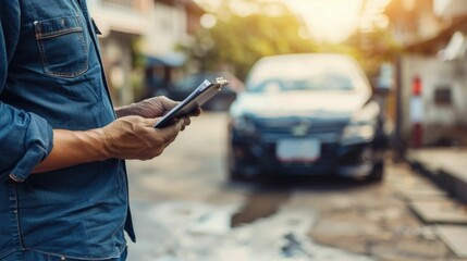 Professional mechanic or automotive technician reviewing car service checklist and taking notes with the vehicle in the background of a repair shop or garage setting