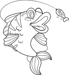 Outlined Cute Fish Cartoon Character Catching The Fishing Lure. Vector Hand Drawn Illustration Isolated On Transparent Background