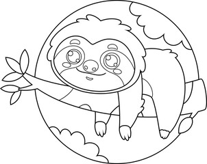 Outlined Funny Cute Sloth Cartoon Character Lies On Thick Branch Of Tree. Vector Hand Drawn Illustration Isolated With Background