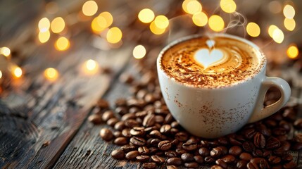 Obraz premium A steaming cup of cappuccino with a heart shaped foam design