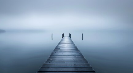 Obraz premium Dark Wooden Dock Leading into Reflective Misty Blue Lake Under Cloudy Sky in Tranquil Minimal Scene with Distant Horizon and Calm Water