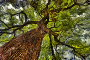 Illustration of ficus tree with young green leaves and brown bark on a blue background in summer in a park