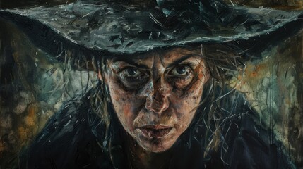 Realistic portrait of a determined woman wearing a hat, with intense expression and weathered features, set against a textured background.	