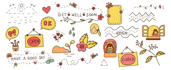 Hand drawn filled outline doodles vector design elements set of flowers, have a good day lettering, bow, girl, watering plants, heart.