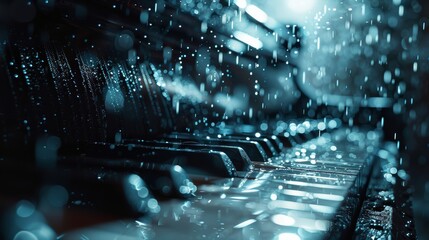 Photograph of soft piano music with light rain and white noise.