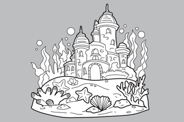 Underwater castle, underwater sea, bastion, nest, sea
line drawing, wear white
hand drawn line illustration coloring book