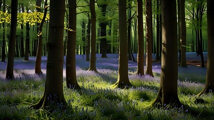 A dense carpet of bluebells covering the forest floor, with tall trees creating dappled light and shadow in a tranquil woodland setting."

