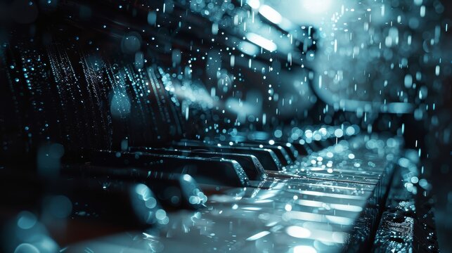 Photograph of soft piano music with light rain and white noise.