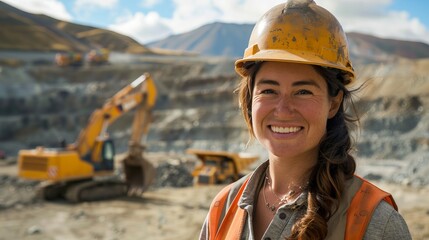 Smiling female construction worker wearing a hard hat and safety vest at a mining site. This image focuses on a woman in the construction industry. Industrial themed imagery for commercial use. AI