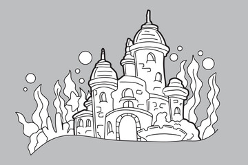 Underwater castle, underwater sea, bastion, nest, sea
line drawing, wear white
hand drawn line illustration coloring book