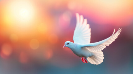 Obraz premium White dove in mid-flight, symbolizing peace and the Holy Spirit, set against a vibrant, colorful background with warm hues of orange and pink.