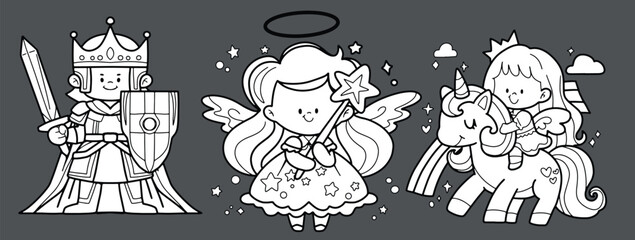 fairy tale prince princess dragon fairy
line drawing, wear white
hand drawn line illustration coloring book