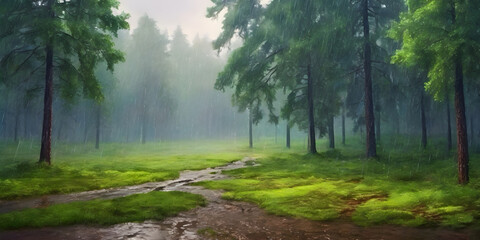 Fototapeta premium Rain in a foggy forest