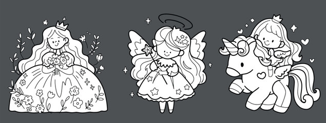 fairy tale prince princess dragon fairy line drawing, wear white hand drawn line illustration coloring book © dodomo