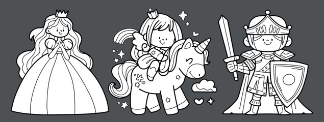 fairy tale prince princess dragon fairy line drawing, wear white hand drawn line illustration coloring book © dodomo