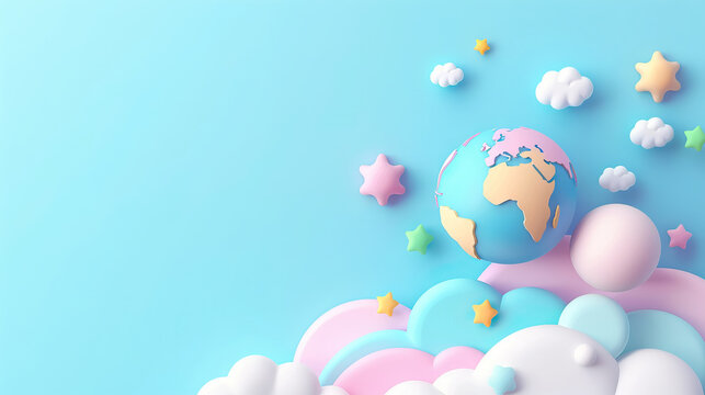 cute simple minimalistic 3D illustration of colorful earth, stars and clouds on blue background with copy space for World ozone day.