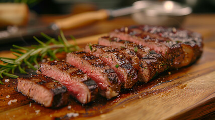 Sliced grilled steak with rosemary on a wooden board