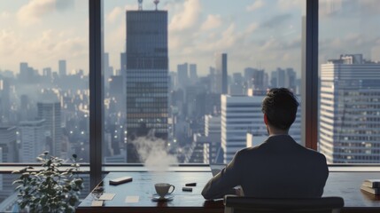 A busy executive in a high-rise office, looking out over the city skyline with a steaming espresso on the desk.