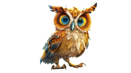 Naklejka premium A vibrant cartoon owl with large, expressive eyes and detailed feathers. The image is on a transparent background