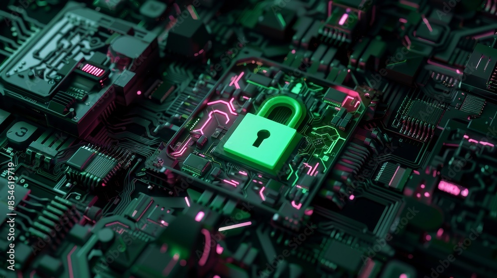 Poster an image of a close-up of a compute motherboard with a lock and login page with verified credentials