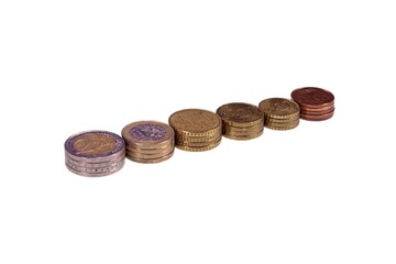 Closeup of stacks of euro coins.