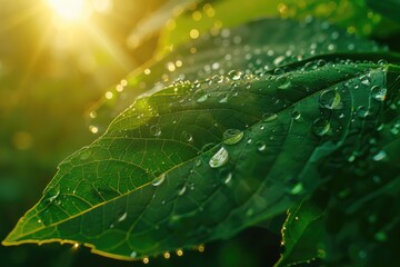 Large beautiful drops of transparent rain water on a green leaf macro. Drops of dew in the morning glow in the sun. Beautiful leaf texture in nature. Natural background