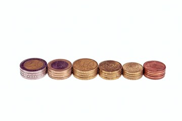 Closeup of stacks of euro coins.