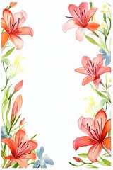 alstroemeria themed frame or border for photos . featuring colorful blooms with speckled petals. watercolor illustration, white color background. For Wedding Invitations and Spring Greeting Card.