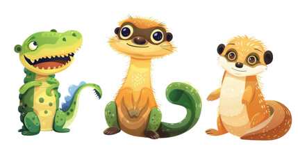 Obraz premium A delightful trio of cartoon animals, including a crocodile, a meerkat, and a mongoose. The image is on a transparent background
