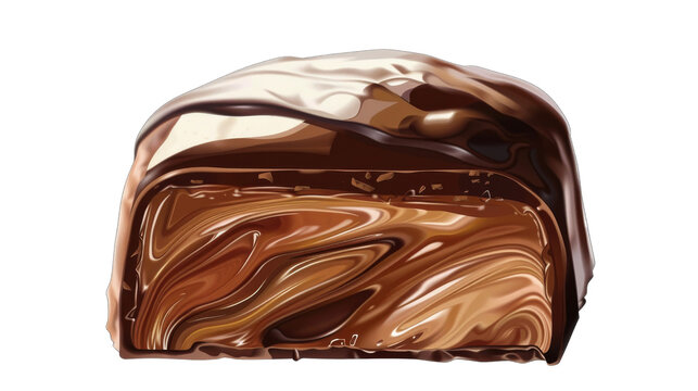 A close-up image of a cross-section of chocolate layered candy, showing the rich and swirled interior. The image is on a transparent background