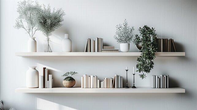 Cozy Minimalist Home Decor Shelves Displaying Houseplants and Books.Zoom Virtual Background, Cozy Interior Backdrop, Living Room Background, Virtual Meetings