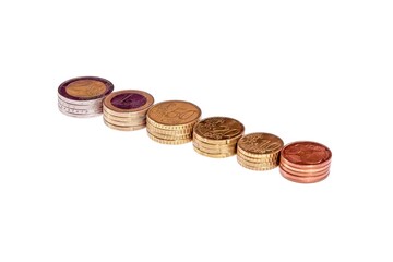 Closeup of stacks of euro coins.