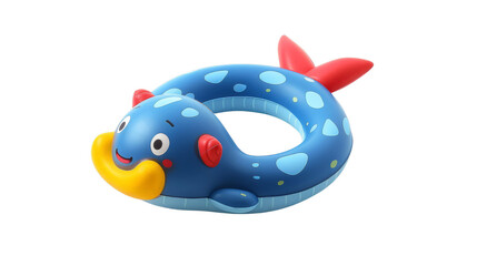 A colorful blue whale-shaped inflatable pool ring with red fins and a yellow snout on a transparent background